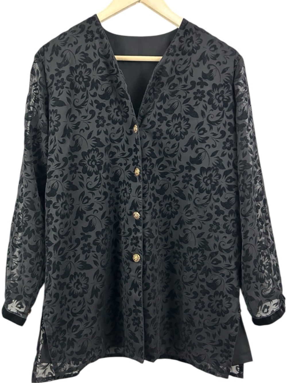 Floral Blouse with Gold Buttons Black Top Size Large